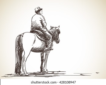 Sketch of kyrgyz man sitting on horse, Hand drawn illustration