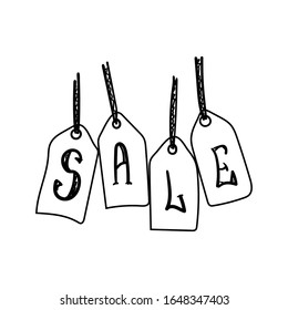 Sketch of labels on threads with handwritten text SALE. Drawn by hand. Isolated vector illustration.