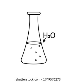 sketch with a laboratory conical flask of water, black outline white background, isolated vector illustration, icon, design, decoration, coloring