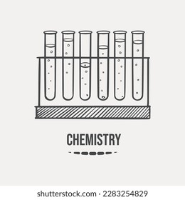 Sketch of laboratory flasks on a stand for chemistry lessons, hand-drawn on a light background. Vector