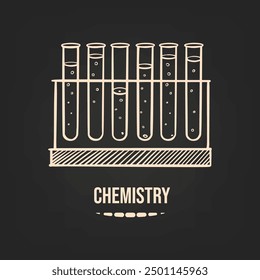 Sketch of laboratory flasks on a stand for chemistry lessons, hand-drawn Dark background. Vector