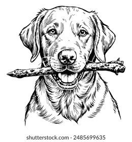 Sketch of a Labrador retriever holding a stick in its mouth, front view, on a white background