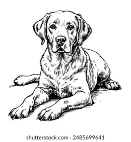 Sketch of a Labrador retriever lying down, front view, on a white background