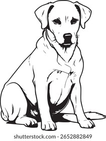 Sketch of a Labrador retriever lying down, front view, on a white background
