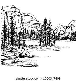 A sketch of a lake and a forest against the backdrop of the mountains.