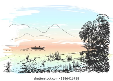 Sketch of lake scenery with fishing boat, jungle, and mountains, Hand drawn vector illustration on watercolor background