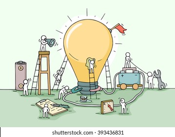 Sketch of lamp idea construction with working little people, battery, flag. Doodle cute miniature of building lighting lamp. Hand drawn cartoon vector illustration for business design and infographic.
