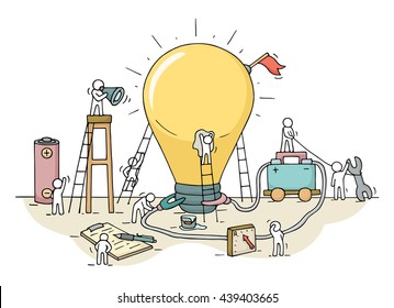 Sketch of lamp idea construction with working little people, battery, flag. Doodle cute miniature of building lighting lamp and preparing for the new creative. Hand drawn cartoon vector for business.