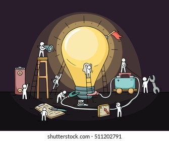 Sketch of lamp idea with crowd of little people. Doodle cute miniature of lamp idea with equipment. Hand drawn cartoon vector illustration for business design.