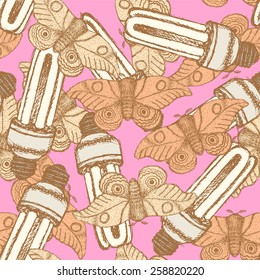 Sketch lamps and moths in vintage style, vector seamless pattern