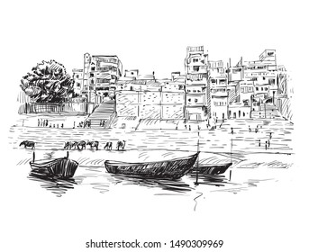 Sketch of Landscape along river in Varanasi, India