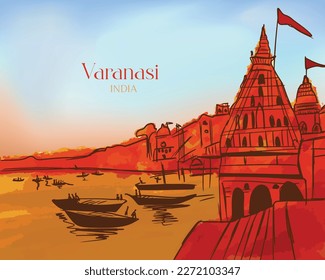 Sketch of Landscape along river in Varanasi vector Art, India