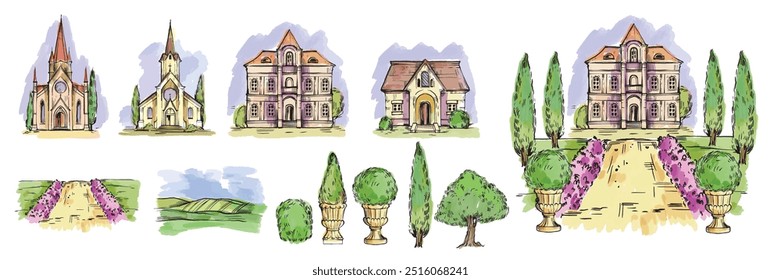 Elementos de paisagem de esboço, aquarela mão desenhada casas vintage, fachada de igreja velha, árvore, arbusto. Ilustração romântica do casamento da arquitetura, jardim da casa de campo, vale do cipreste. Gravura de elementos paisagísticos