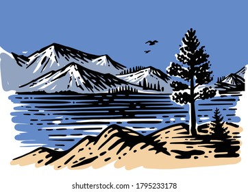 sketch landscape a pine tree stands on ground 