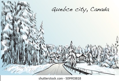 sketch landscape of Quebec, Canada show snow and houses view, free hand draw illustration vector