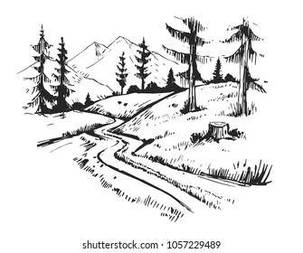 Sketch of a landscape with a road and mountains. Hand drawn illustration converted to vector