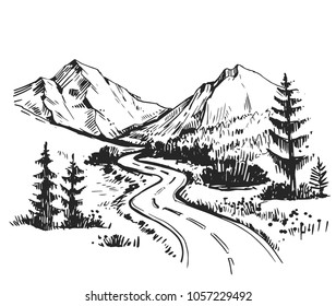 Sketch of a landscape with a road and mountains. Hand drawn illustration converted to vector