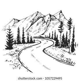 Sketch of a landscape with a road and mountains. Hand drawn illustration converted to vector