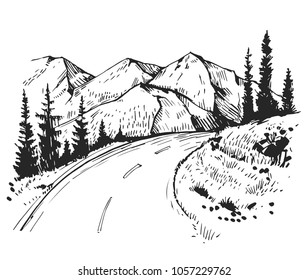 Sketch of a landscape with a road and mountains. Hand drawn illustration converted to vector