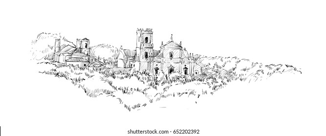 sketch of landscape showing India church, catholic old building, illustration vector