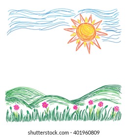 sketch landscape with sun, vector illustration