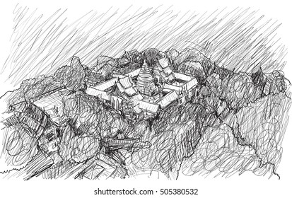 sketch landscape of Thai temple asia style, Wat Suthep in Chiangmai, free hand draw illustration vector