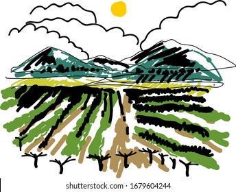 Sketch of landscape with vineyard, mountains on horizon and sun in impressionistic manner	