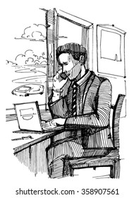 sketch.man with laptop