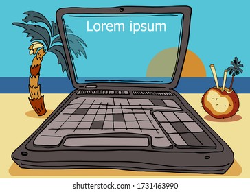 Sketch laptop on the beach. Home office workplace. Work study from home concept. Remote job e-learning freelancer. Palm, sunrise, sunset, blue sea, horizon line. Computer screen for own text. Cocktail
