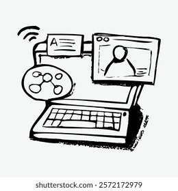 Sketch of a laptop with a video call, keyboard, and wireless signal. Digital communication and online connectivity concept in black and white. Simple black line art doodle vector.