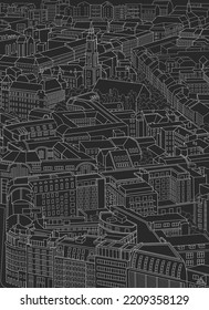 sketch of a large european city with various buildings top view. Painted with chalk on black