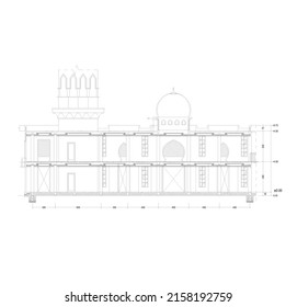 sketch of a large mosque building with a large dome