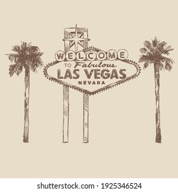 Sketch of the Las Vegas sign and two palm trees, Las Vegas. Vintage brown and beige card, hand-drawn, vector. Cityscape view. Architecture silhouette from lines. Old design.