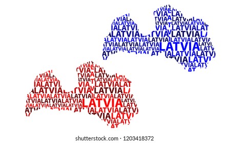 Sketch Latvia letter text map, Republic of Latvia - in the shape of the continent, Map Latvia - red and blue vector illustration