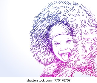 Sketch of laughing kid with tongue sticking out wearing clothes for cold winter weather with fur hood, Hand drawn vector gradient color illustration with copy space