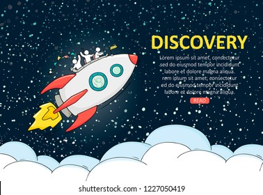 Sketch of launch rocket. Doodle cute miniature scene of workers about exploration. Hand drawn cartoon vector illustration for business design.