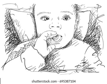 Sketch of laying on pillow baby portrait with hand touching mouth, Hand drawn vector illustration isolated on white background