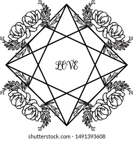 Sketch of leaf flower frame, in black and white color, for pattern wallpaper of card love. Vector