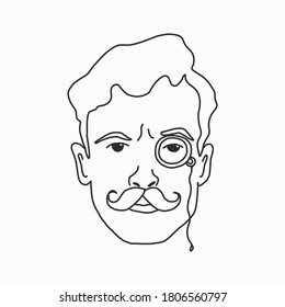 Sketch of a learned man with a mustache and a pince-nez. vector illustration in retro style. Black and white image. for logos, icons, and avatars in social networks.