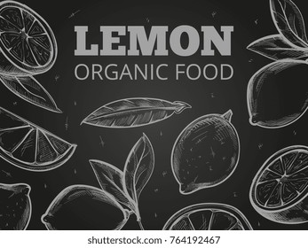 Sketch leaves and lemons on blackboard background. Vector illustration hand drawn