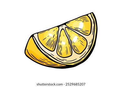 Dibuja limón, rodaja, grabado y línea en blanco y negro. Vector de fruta aislado en color de fondo blanco