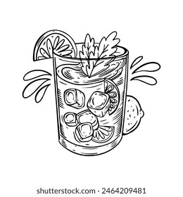 Sketch of a lemonade glass with ice cubes, lemon slices, and herbs, hand-drawn in black and white outline style