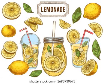 Sketch lemonade. Summer cold drinks, hand drawn yellow lemons slices and leaves. Glass of lemonade with ice vector illustration set. Drink fruit lemonade graphic, juice and mint leaf