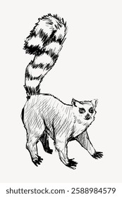 Sketch of a lemur with a striped tail. The lemur stands with a raised tail. Black and white lemur illustration. Lemur sketch with detailed fur texture. Vintage animal illustration vector.