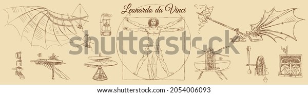 Sketch of Leonardo da Vinci's Vitruvian man and engineering drawings. Italian Renaissance. Vintage brown and beige card, hand-drawn, vector. Old design. Line graphics. 