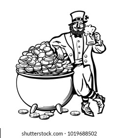 Sketch of  Leprechaun holding beer mug leaning on pot full of coins. St Patricks Day poster.  Hand drawn retro vector illustration isolated on white background.