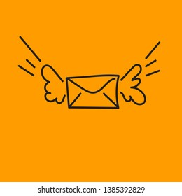 Sketch letter with wings, doodle envelope, hand drawn envelope, mail illustration, email. Line Vector Isolated