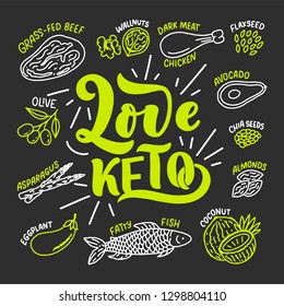 Sketch lettering with green keto diet doodle elements for concept design. Hand drawn vector illustration. Food for Ketogenic