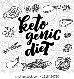 Sketch lettering with keto diet doodle elements for concept design. Hand drawn vector illustration. Food for Ketogenic