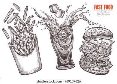 Sketch levitation fast food collection with classic burger, box with french fries and glass with splashed cola and ice cube with flying ingredients; vector hand drawn illustration for your design